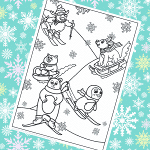 Winter Animals Skiing Colouring Page for Kids