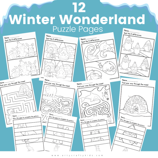 12 Winter Wonderland Puzzle Pages - Arty Crafty Kids