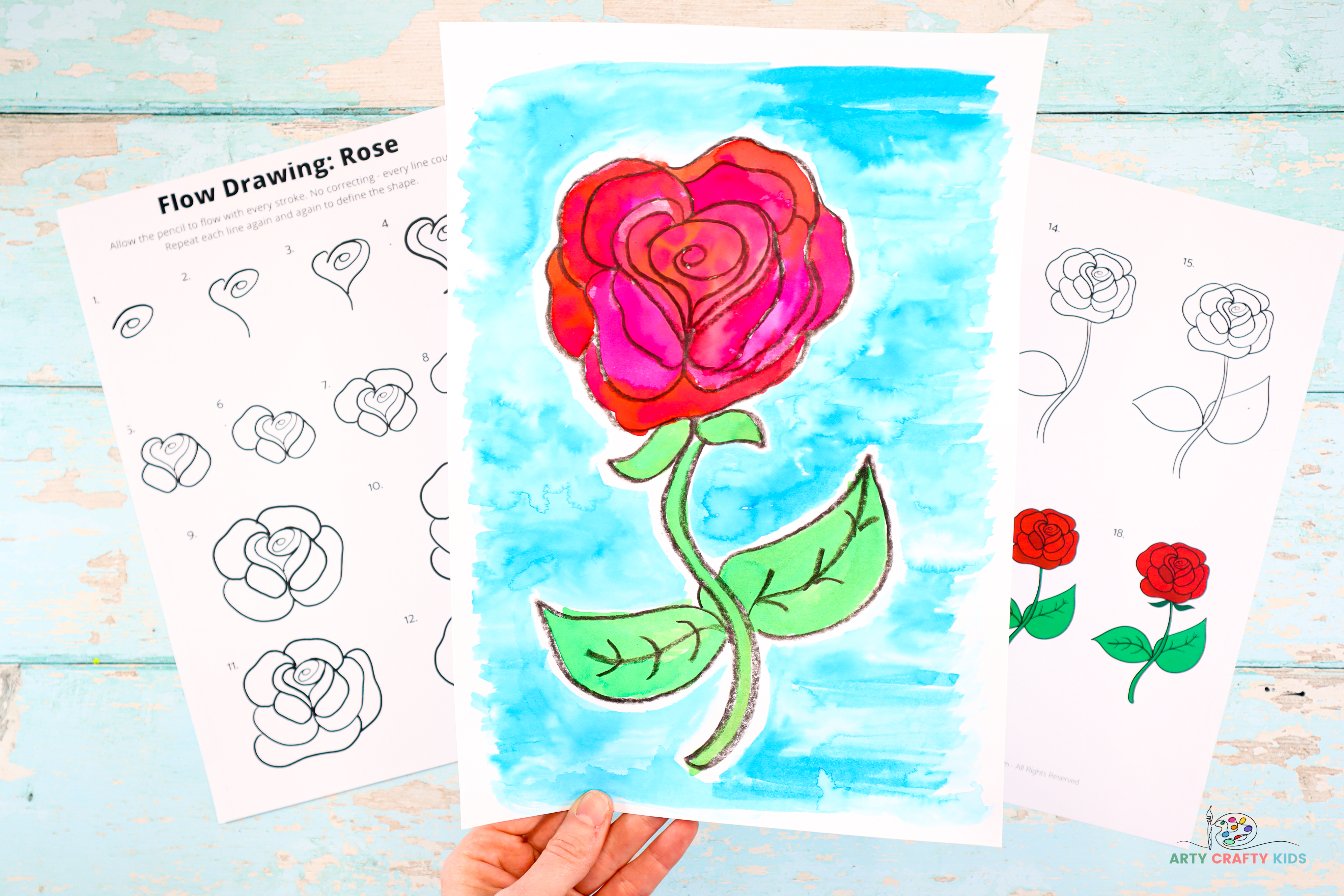 Learn how to draw a rose with our easy to follow step-by-step tutorial. This beautiful full bodied rose I can be drawn with just a few simple and repetitive lines, and once the magic formula for drawing a rose has been revealed, beginners and kids will be creating full bouquets of roses in no time!