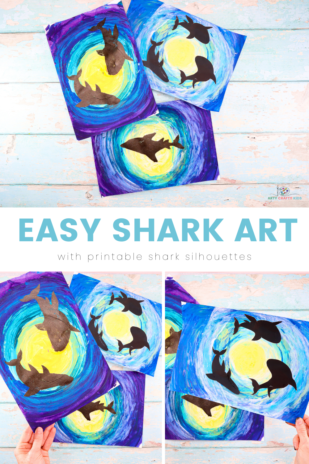 Easy Shark Art with Scrape Painting Printable Shark Silhouettes