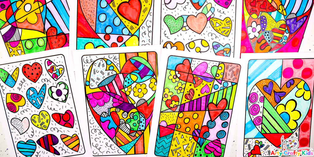 Romero Britto Inspired Heart Art with Drawing Prompts - Arty Crafty Kids