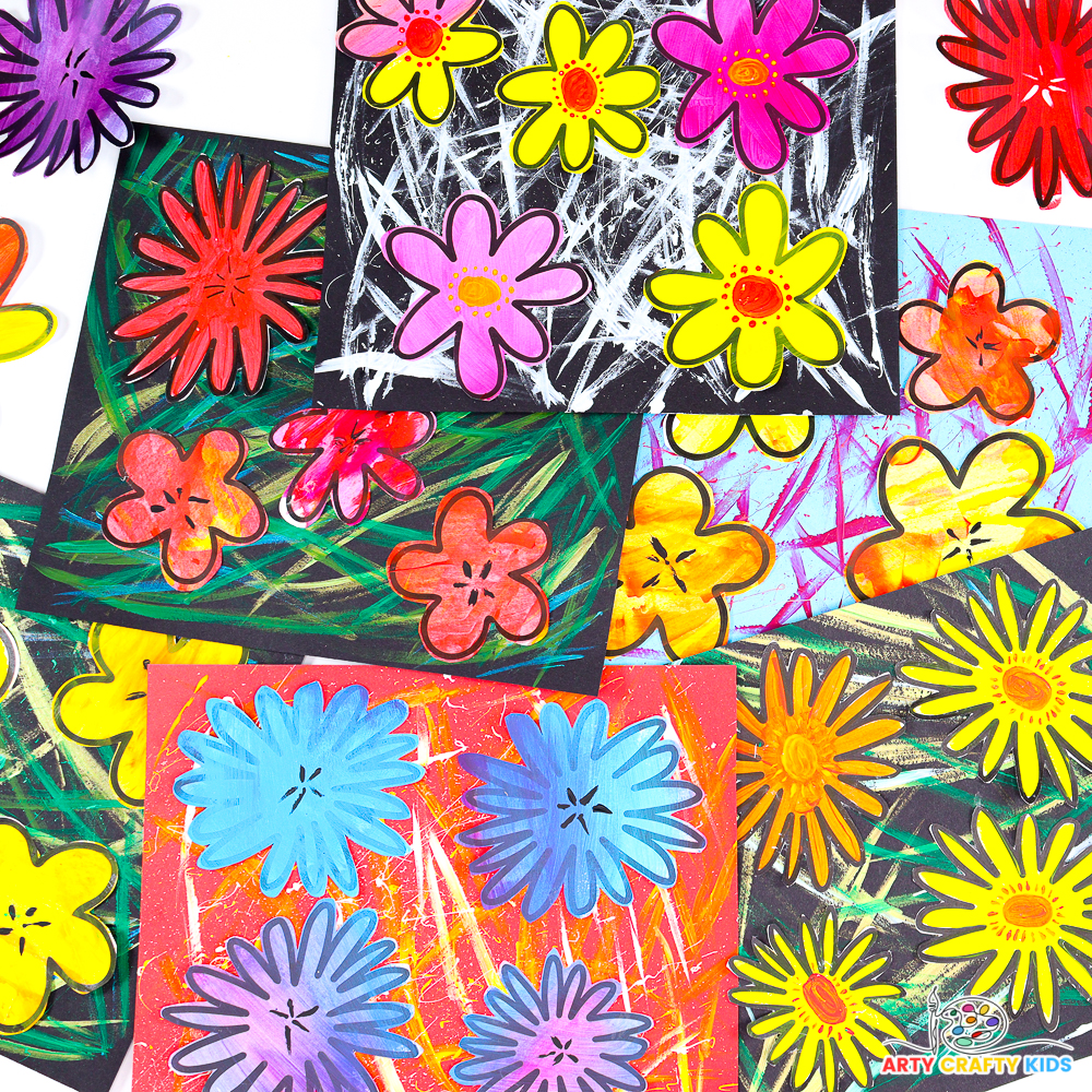 Andy Warhol Inspired Flower pop art for kids. Bright and colorful completed flower pop art creations featuring flowers from the printable template.