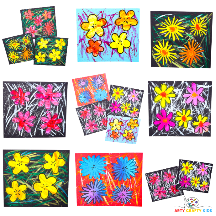 Andy Warhol Inspired Flower pop art for kids. Bright and colorful completed flower pop art creations featuring flowers from the printable template.