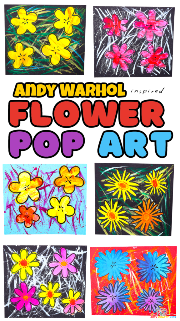 Andy Warhol Inspired Flower pop art for kids. Bright and colorful completed flower pop art creations featuring flowers from the printable template.