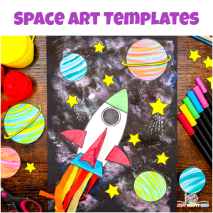 Space art project templates featuring a spaceship and planets.