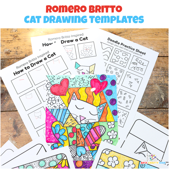 Printable Romero Britto Cat template bundle with a step-by-step how to draw guide, cat coloring pages and a doodle practice sheet.