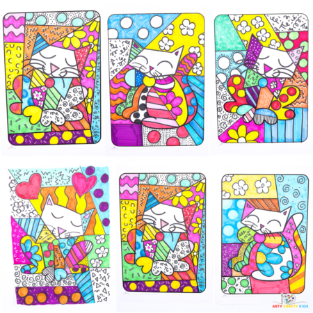 Get creative with Arty Crafty Kids and craft vibrant Romero Britto-inspired cat art! Easy cat drawing tutorial with printable step-by-step guide, cat coloring pages, and doodle practice sheet for all ages.