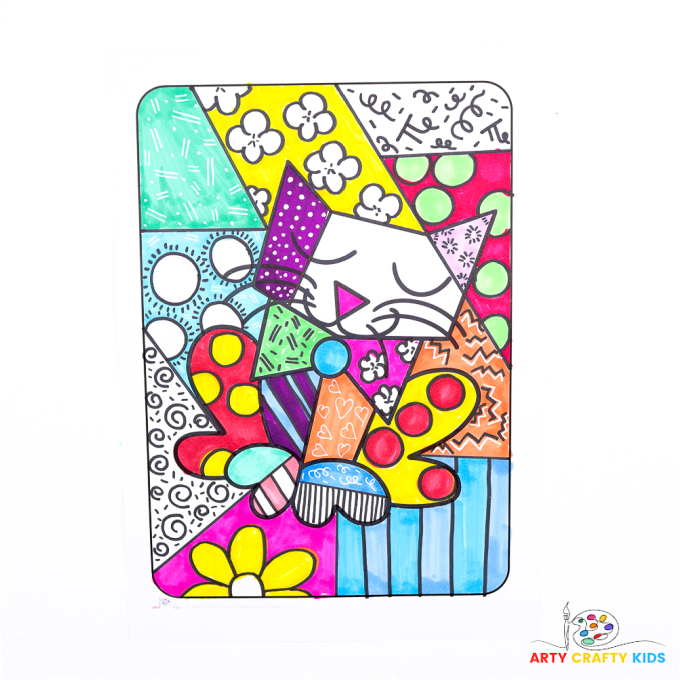 Get creative with Arty Crafty Kids and craft vibrant Romero Britto-inspired cat art! Easy cat drawing tutorial with printable step-by-step guide, cat coloring pages, and doodle practice sheet for all ages.