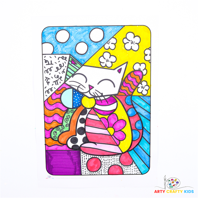 Completed Romero Britto cat template featuring bright colors and patterns.