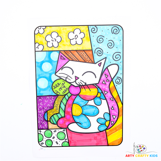 Completed Romero Britto cat template featuring bright colors and patterns.