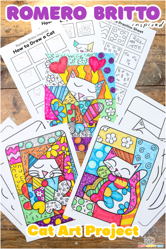 Get creative with Arty Crafty Kids and craft vibrant Romero Britto-inspired cat art! Easy cat drawing tutorial with printable step-by-step guide, cat coloring pages, and doodle practice sheet for all ages.