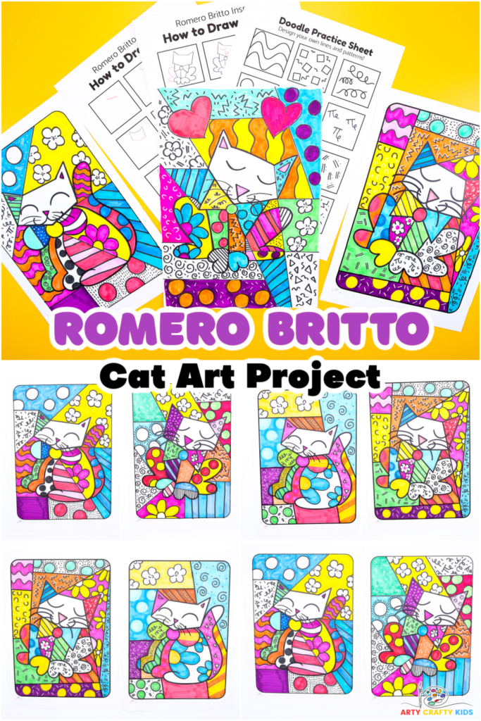 Get creative with Arty Crafty Kids and craft vibrant Romero Britto-inspired cat art! Easy cat drawing tutorial with printable step-by-step guide, cat coloring pages, and doodle practice sheet for all ages.