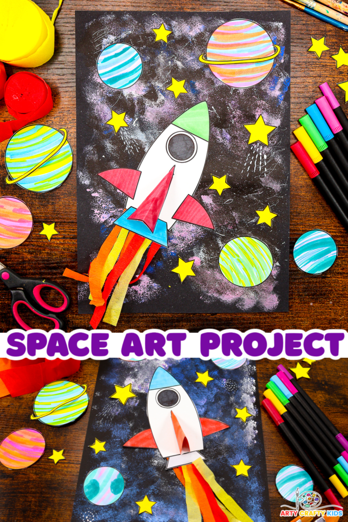 Easy Space art project for kids to make; featuring a rocket ship, planets, and a galaxy-painted background.