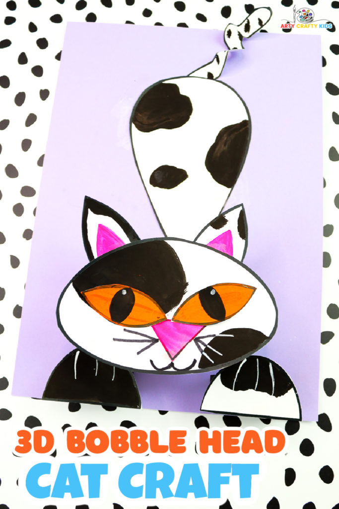 Bobble Head 3D Paper Cat Craft with a moving bobble head and adjustable postures, surrounded by art supplies like scissors, markers, and glue, showcasing a creative and fun craft project for kids and cat lovers.