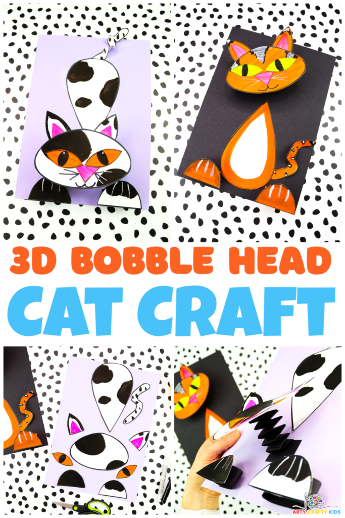 Bobble Head 3D Paper Cat Craft with a moving bobble head and adjustable postures, surrounded by art supplies like scissors, markers, and glue, showcasing a creative and fun craft project for kids and cat lovers.