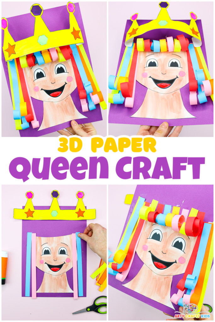 A colorful and engaging 3D Paper Queen craft for preschoolers, featuring a step-by-step tutorial that helps develop fine motor skills while teaching the letter Q. The queen is decorated with vibrant colors, a jeweled crown, and curly paper hair, offering opportunities for personalization and creativity.