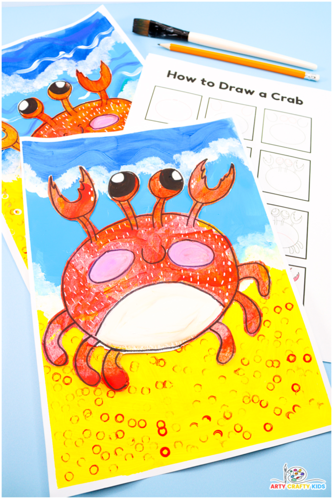 An illustration of a cheerful crab drawn using simple, step-by-step instructions from the 'easy crab drawing and painting tutorial'. The crab has a friendly smile, expressive eyes, and colorful details, showcasing a playful and creative art style perfect for kids and beginners.
