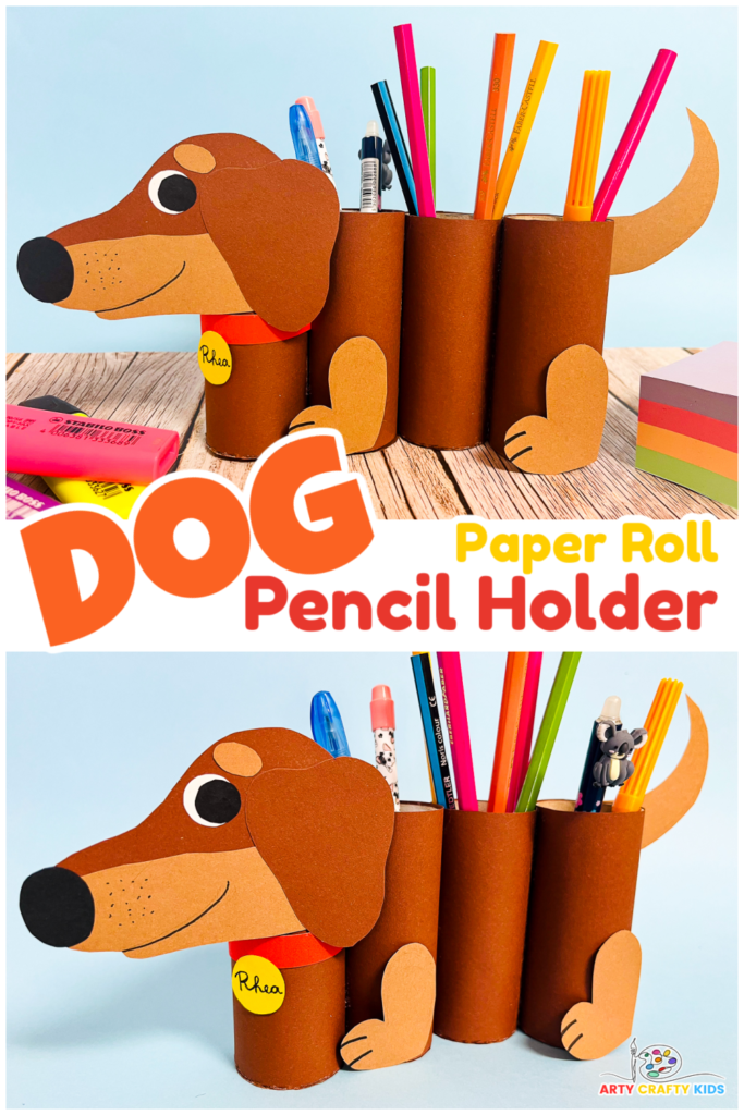 "An adorable DIY paper roll dog pencil holder made from recycled materials, perfect for organizing school supplies. The craft features a two-toned dachshund design with a cute collar and name tag. Suitable for kids of all ages with a printable template available