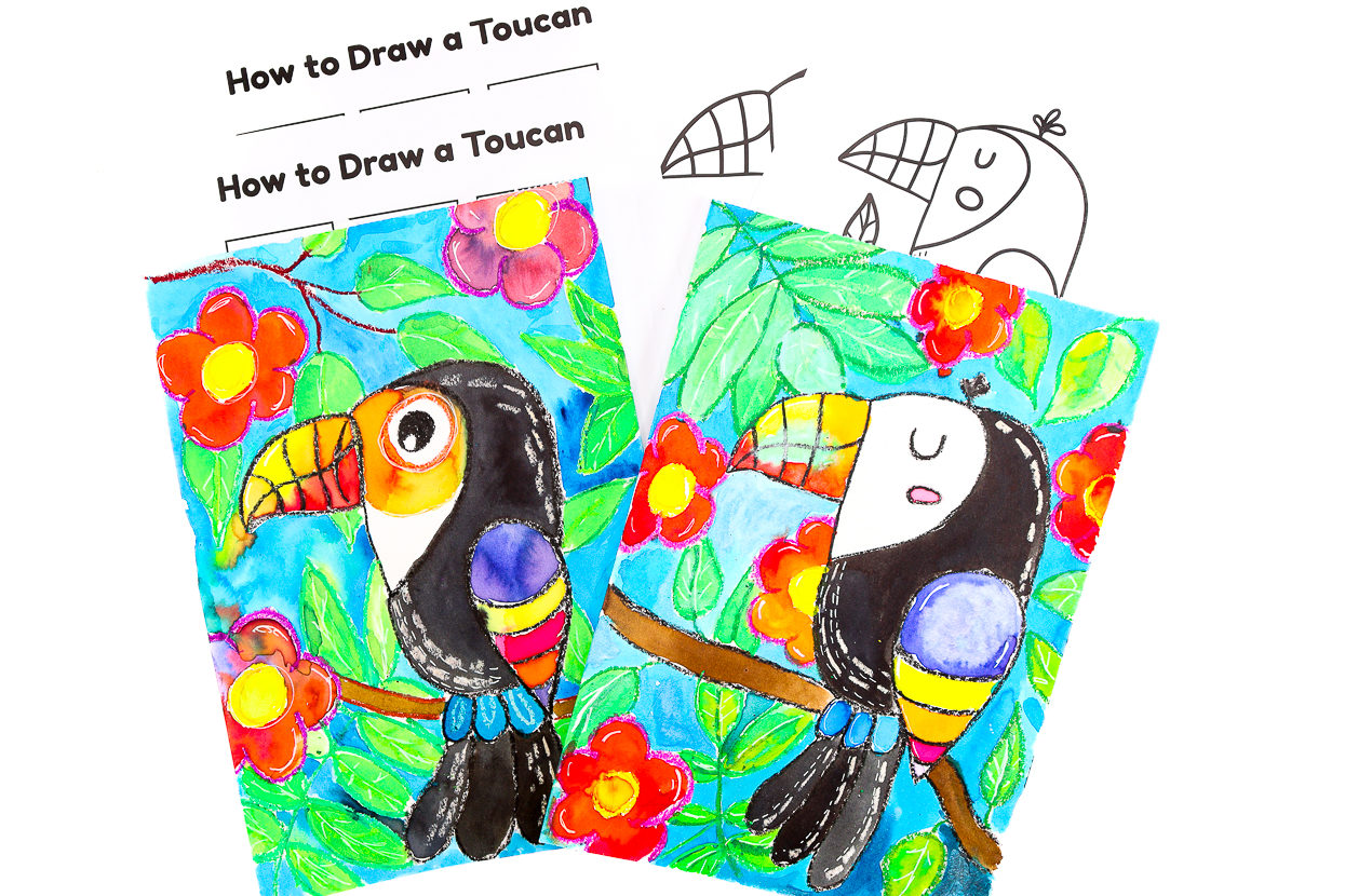 Two bright and colorful toucan drawings and paintings rested in front of a collection of toucan templates for coloring and a step-by-step printable download.