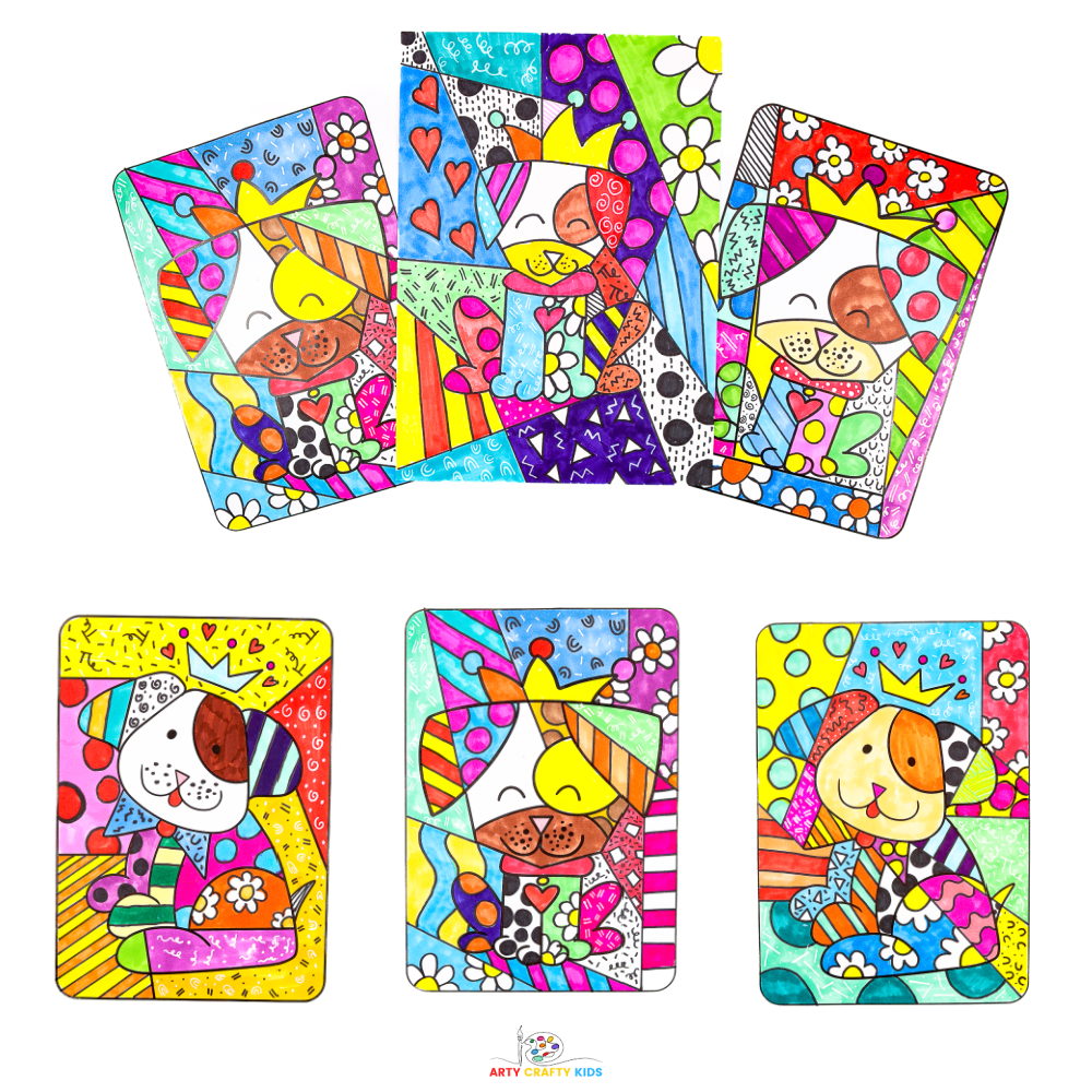 Romero Britto inspired Dog Drawing and Pop Art for Kids. Dog templates and drawings are completed with vibrant colors and patterns to create pop art.