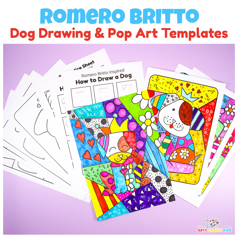 Use our step-by-step guide to create Romero Britto-inspired dog drawings and dog pop art with the kids. Download 6 FREE Romero Britto Dog step-by-step and coloring pages.