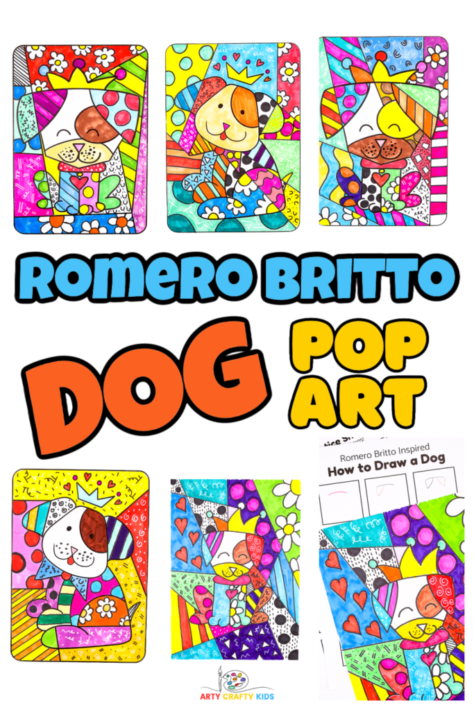 Romero Britto inspired Dog Drawing and Pop Art for Kids. Dog templates and drawings are completed with vibrant colors and patterns to create pop art.