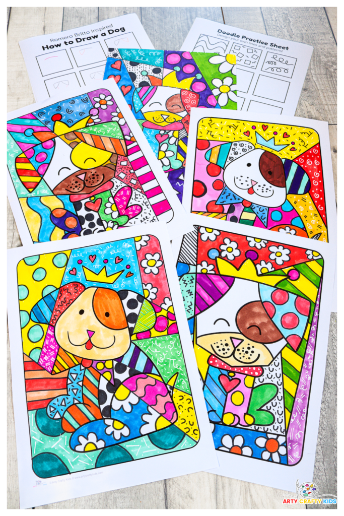 Romero Britto inspired Dog Drawing and Pop Art for Kids. Dog templates and drawings are completed with vibrant colors and patterns to create pop art.