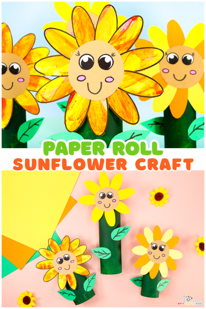 Colorful paper roll sunflower craft made by kids, featuring bright yellow and orange petals, a brown center with a happy smiley face, and green leaves. The craft is displayed on a table with paper supplies and little sunflowers.