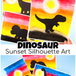 A colorful art project showing a sunset with vibrant hues and a black dinosaur silhouette, created using oil pastels. The step-by-step Sunset Dinosaur Silhouette Art tutorial helps kids blend colors and add depth to their artwork.