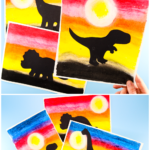 A colorful art project showing a sunset with vibrant hues and a black dinosaur silhouette, created using oil pastels. The step-by-step Sunset Dinosaur Silhouette Art tutorial helps kids blend colors and add depth to their artwork.