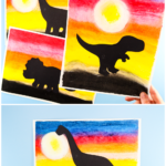 A colorful art project showing a sunset with vibrant hues and a black dinosaur silhouette, created using oil pastels. The step-by-step Sunset Dinosaur Silhouette Art tutorial helps kids blend colors and add depth to their artwork.