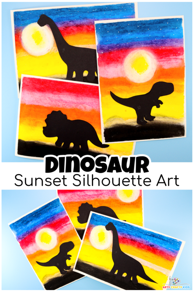 A colorful art project showing a sunset with vibrant hues and a black dinosaur silhouette, created using oil pastels. The step-by-step Sunset Dinosaur Silhouette Art tutorial helps kids blend colors and add depth to their artwork.