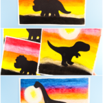 A colorful art project showing a sunset with vibrant hues and a black dinosaur silhouette, created using oil pastels. The step-by-step Sunset Dinosaur Silhouette Art tutorial helps kids blend colors and add depth to their artwork.