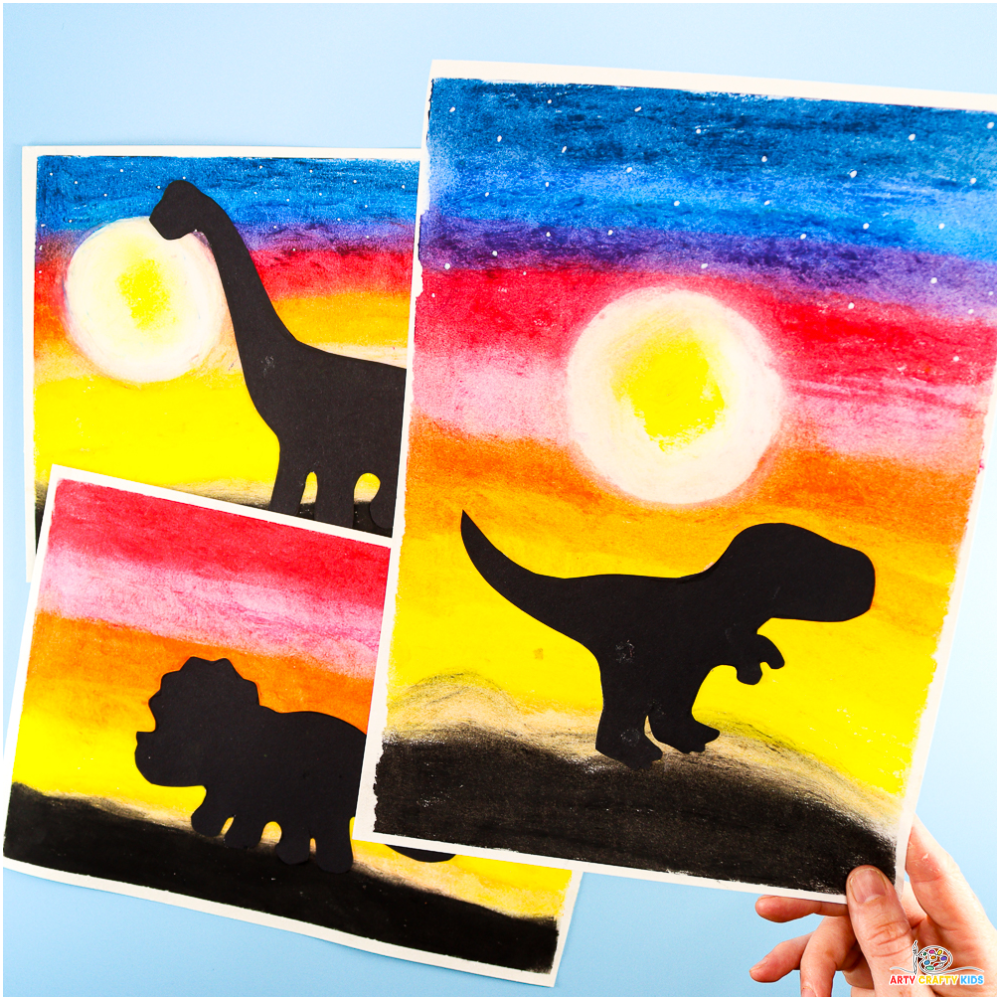 A colorful art project showing a sunset with vibrant hues and a black dinosaur silhouette, created using oil pastels. The step-by-step Sunset Dinosaur Silhouette Art tutorial helps kids blend colors and add depth to their artwork.