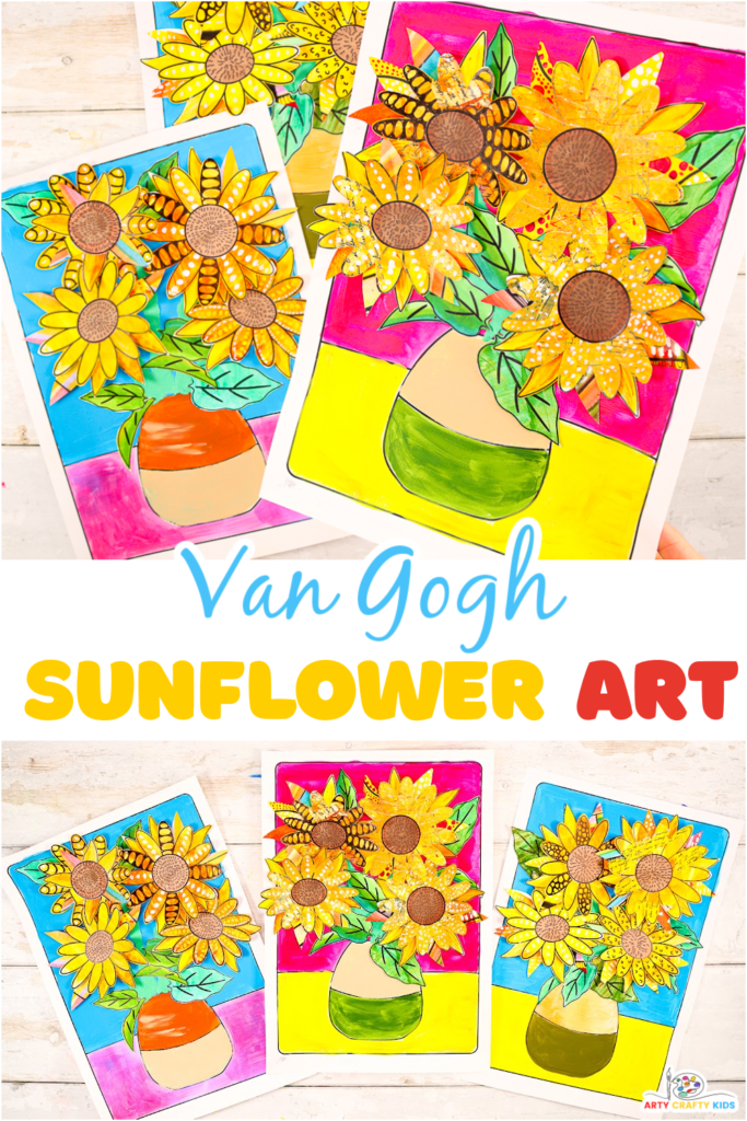 A vibrant Van Gogh-inspired sunflower collage made by kids, featuring layered, three-dimensional petals in various shades of yellow, with green leaves arranged on a contrasting background. The artwork uses a mix of collaging and mixed-media techniques, creating a dynamic and textured piece that captures the essence of Van Gogh's style.