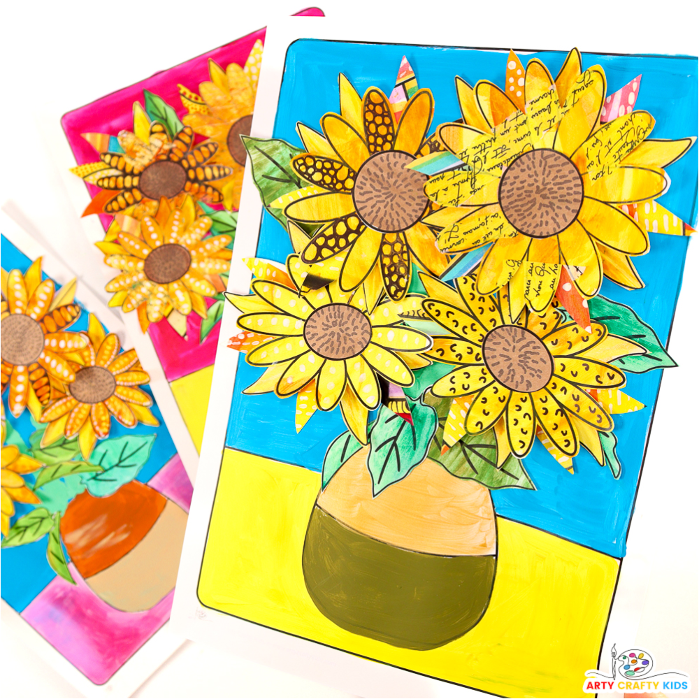 A vibrant Van Gogh-inspired sunflower collage made by kids, featuring layered, three-dimensional petals in various shades of yellow, with green leaves arranged on a contrasting background. The artwork uses a mix of collaging and mixed-media techniques, creating a dynamic and textured piece that captures the essence of Van Gogh's style.