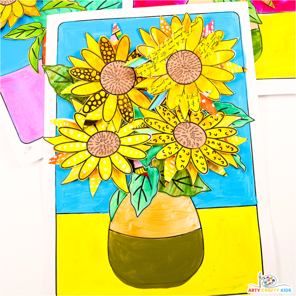 A vibrant Van Gogh-inspired sunflower painting made by kids, featuring layered, three-dimensional petals in various shades of yellow, with green leaves arranged on a contrasting background. The artwork uses a mix of collaging and mixed-media techniques, creating a dynamic and textured piece that captures the essence of Van Gogh's style.