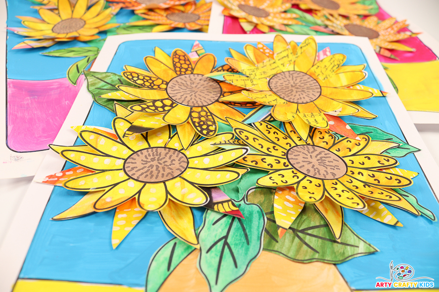 A vibrant Van Gogh-inspired sunflower collage made by kids, featuring layered, three-dimensional petals in various shades of yellow, with green leaves arranged on a contrasting background. The artwork uses a mix of collaging and mixed-media techniques, creating a dynamic and textured piece that captures the essence of Van Gogh's style.