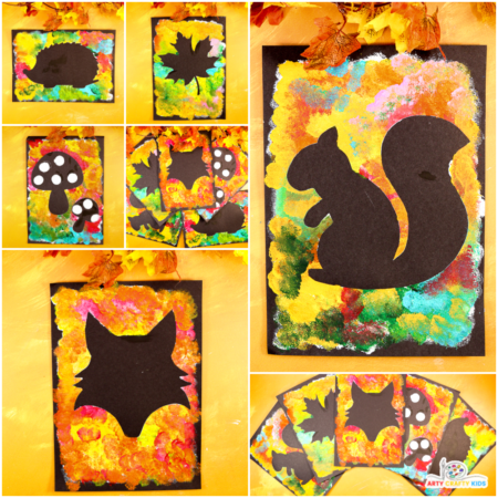 Kids' autumn silhouette art featuring colorful sponge-painted fox, squirrel, hedgehog, mushrooms, and leaves on a black background, showcasing vibrant fall colors and detailed textures.