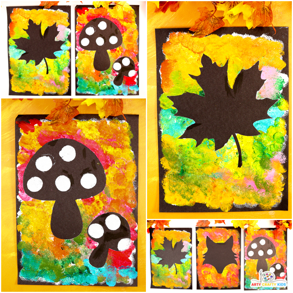 Kids' autumn silhouette art featuring colorful sponge-painted fox, squirrel, hedgehog, mushrooms, and leaves on a black background, showcasing vibrant fall colors and detailed textures.