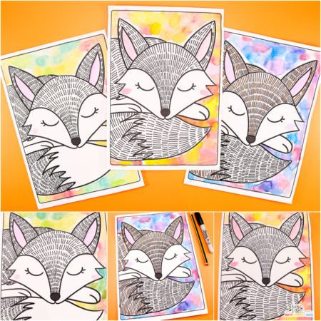 This engaging activity combines drawing and watercolor techniques to create a striking black-and-white fox with a vibrant, colorful background. Choose from two templates: one with pre-drawn lines for guidance and another with blank spaces for personal design. Explore various color palettes to achieve different effects, like autumn colors or night skies.