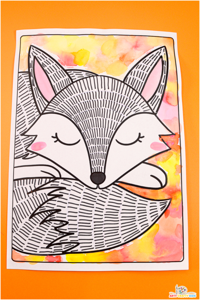 Colorful art project featuring a black-and-white fox with a vibrant watercolor background. Includes two templates: one with pre-drawn lines and another with blank spaces for kids to design their own.