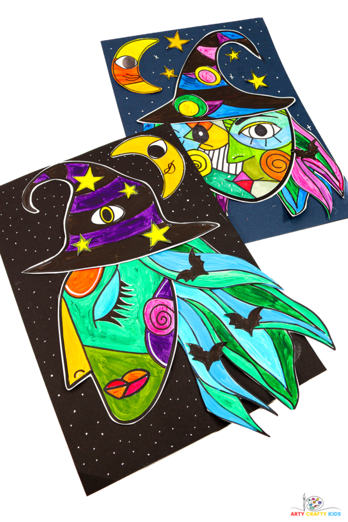 A colorful collage of a Picasso-inspired witch face featuring unique shapes, vibrant colors, and whimsical elements like flowing hair, a pointy hat, stars, and a moon. The artwork showcases a fun and creative Halloween theme, perfect for kids to explore cubism and collage techniques.