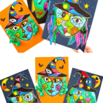 A colorful collage of a Picasso-inspired witch face featuring unique shapes, vibrant colors, and whimsical elements like flowing hair, a pointy hat, stars, and a moon. The artwork showcases a fun and creative Halloween theme, perfect for kids to explore cubism and collage techniques.