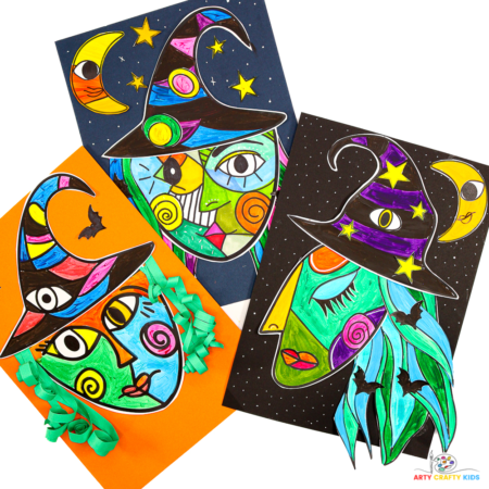 Craft enchanting Picasso Witch Collage Art with our fun templates! Perfect for Halloween, this engaging project features unique face shapes, whimsical hats, and playful collaging elements to inspire creativity in kids of all ages!