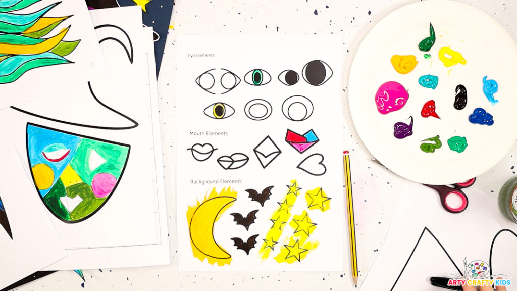 Image of s painted collage template featuring the moon, stars, Picasso styled lips and eyes.