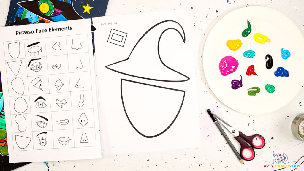 Image showcasing the Picasso face drawing guide and face shapes to create Picasso Witch Collage Art for Halloween.