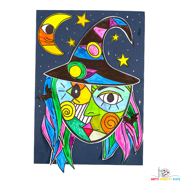 A colorful collage of a Picasso-inspired witch face featuring unique shapes, vibrant colors, and whimsical elements like flowing hair, a pointy hat, stars, and a moon. The artwork showcases a fun and creative Halloween theme, perfect for kids to explore cubism and collage techniques.