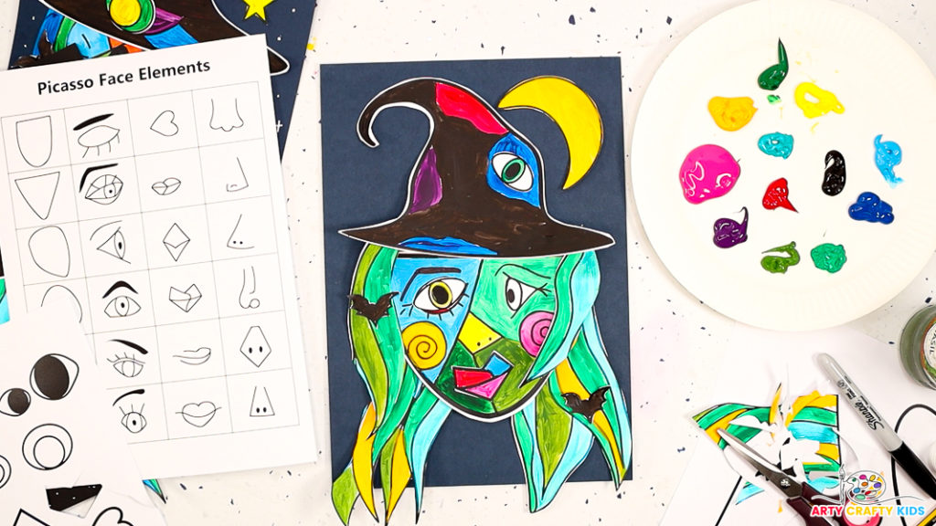 Image of a witch's face with a hat and moon glued onto the artwork.