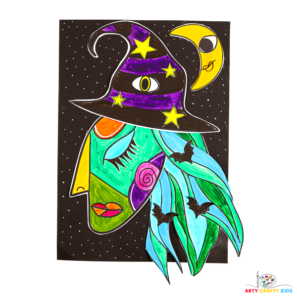 A colorful collage of a Picasso-inspired witch face featuring unique shapes, vibrant colors, and whimsical elements like flowing hair, a pointy hat, stars, and a moon. The artwork showcases a fun and creative Halloween theme, perfect for kids to explore cubism and collage techniques.